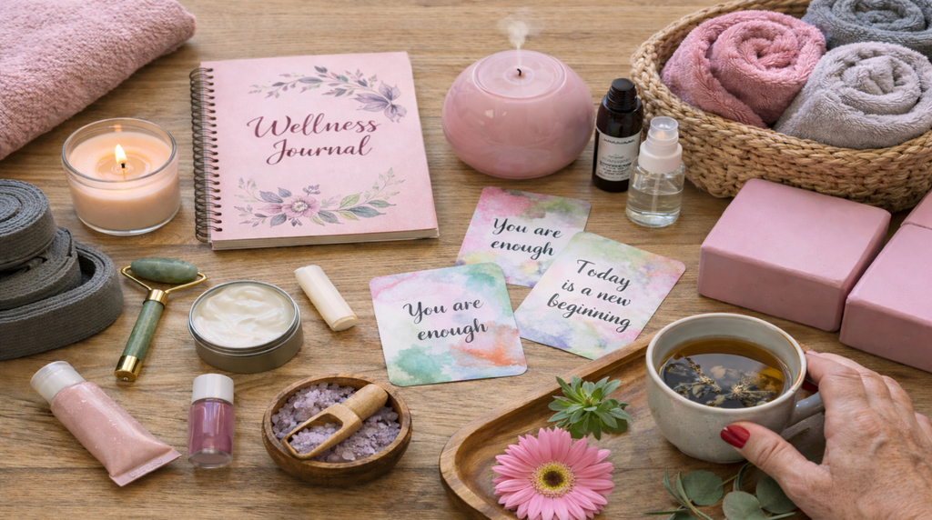 Self-care products under $20 including candle, journal, skincare items, and tea on a wooden table.