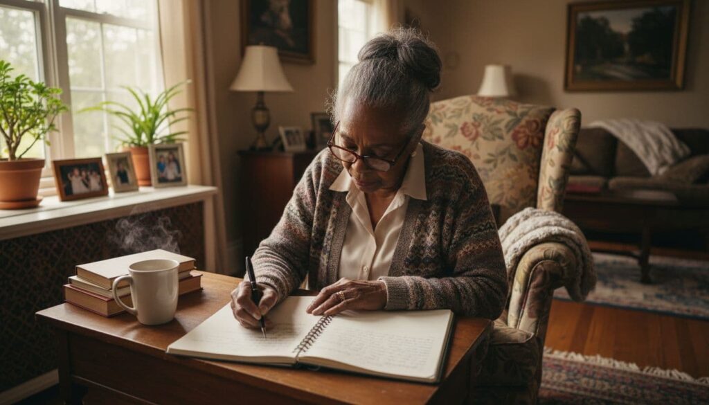 Elderly Black woman writing in a journal at a wooden desk with a steaming cup of coffee nearby.