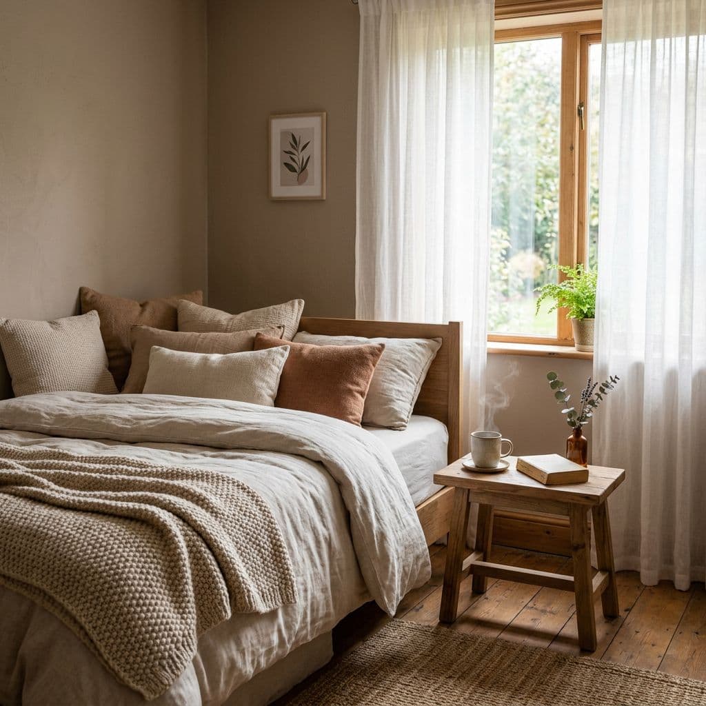 Cozy bedroom with cup of coffee, the perfect place to reflect on self care inspirational quotes