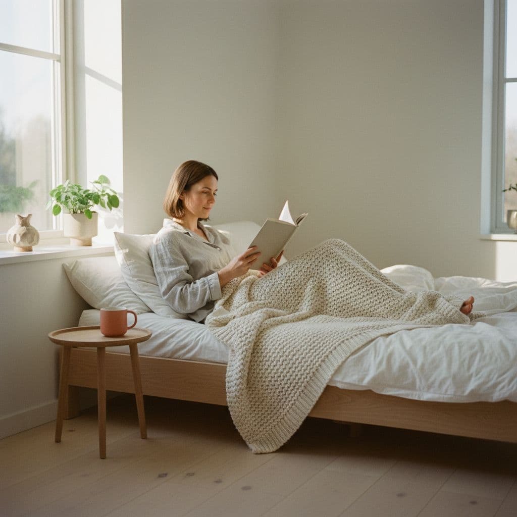 Woman reading a book in bed with a cozy blanket and natural light.