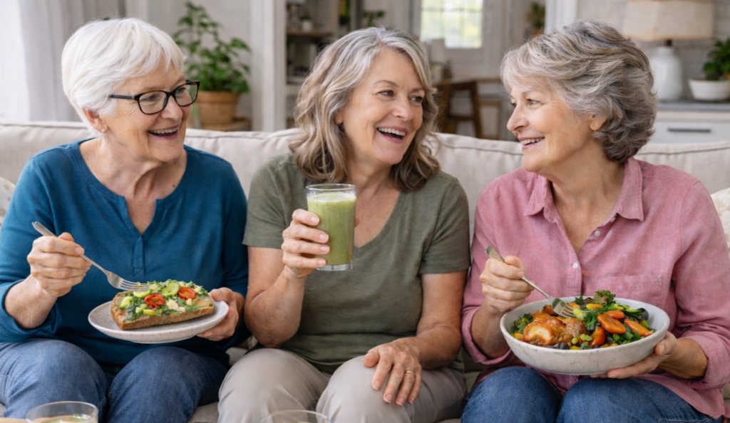 Women over fifty enjoying healthy eating meal plans together.