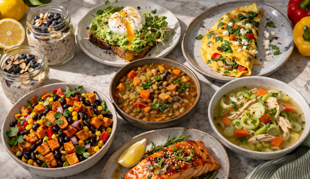 Healthy meal prep with salads, soups, and salmon on a kitchen counter.