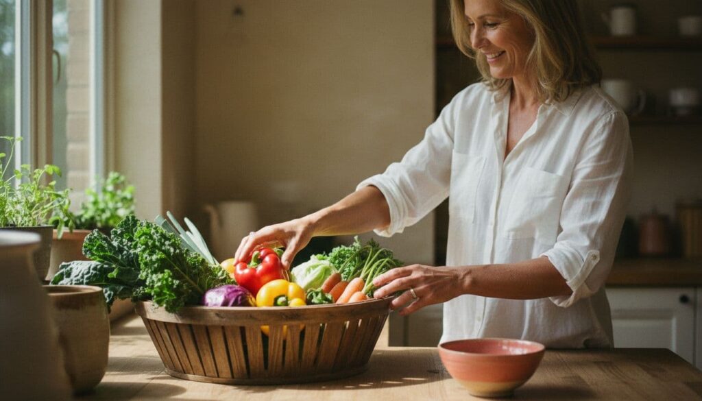 Woman preparing fresh vegetables for healthy eating.