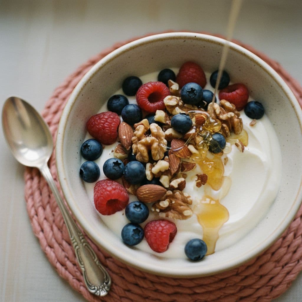 Greek yogurt bowl with berries, nuts, and honey drizzle.