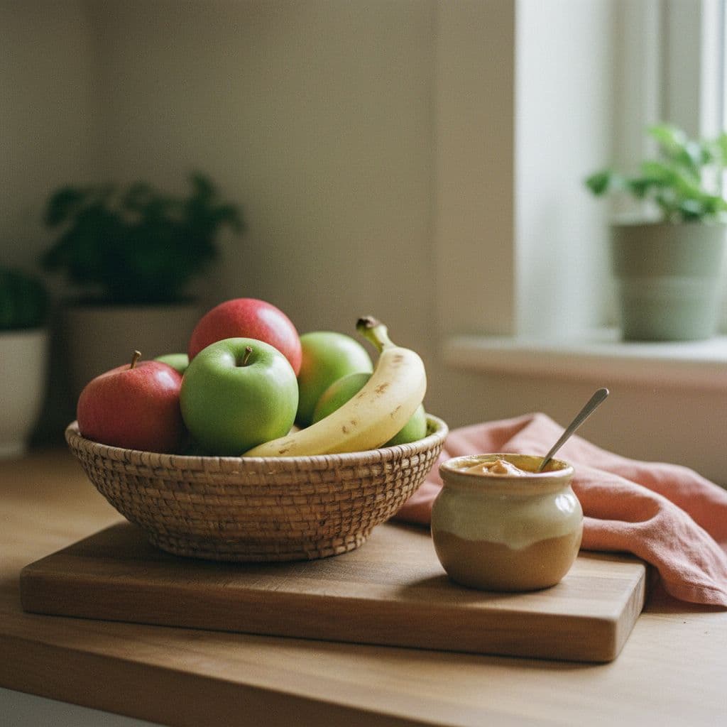 Apples and banana with nut butter on a wooden board.