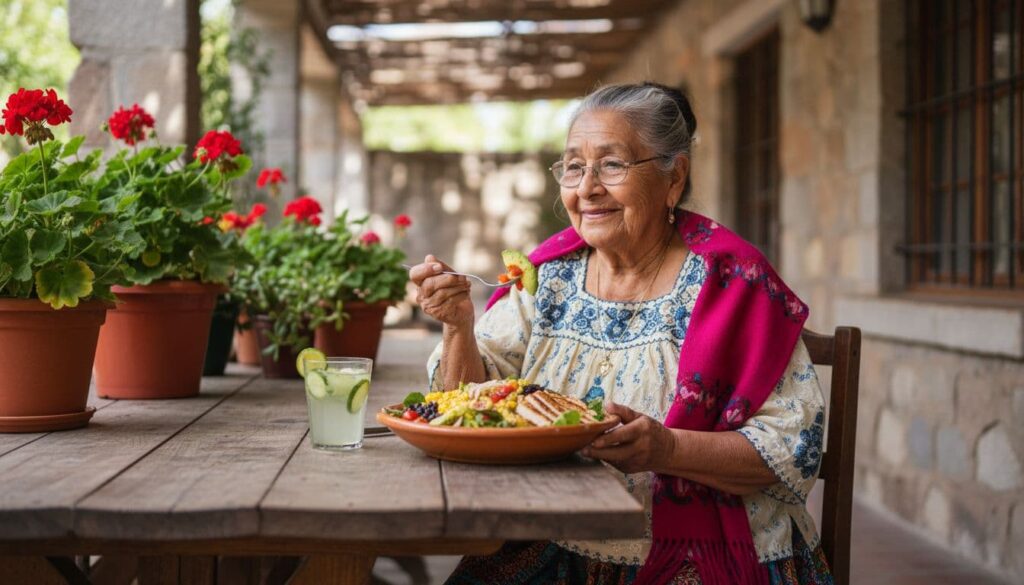 Older woman enjoying a healthy meal outdoors after 50.