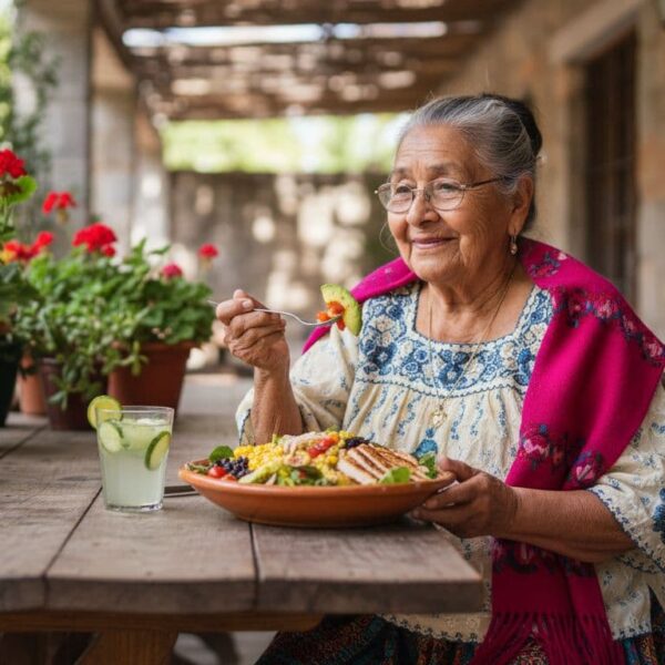 Older woman enjoying a healthy meal outdoors after 50.