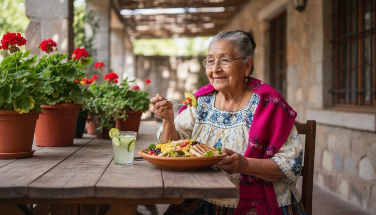 Older woman enjoying a healthy meal outdoors after 50.