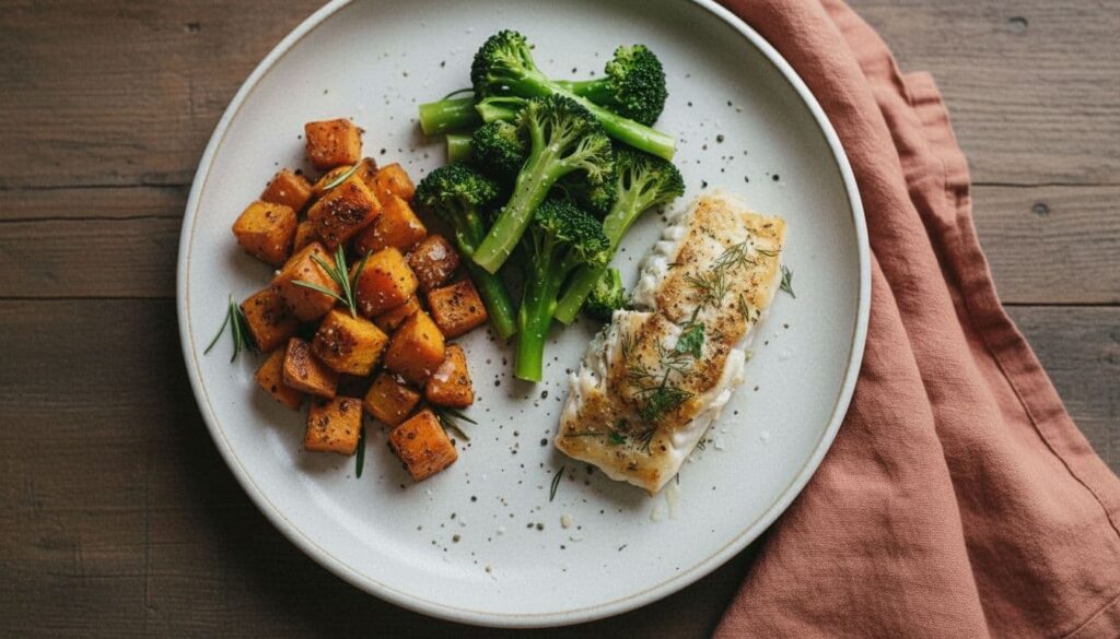 Balanced healthy meal with fish, broccoli, and sweet potatoes.
