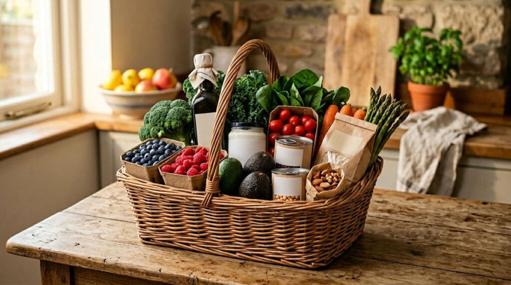 Basket of Healthy Eating Foods Including Vegetables, Nuts, and More