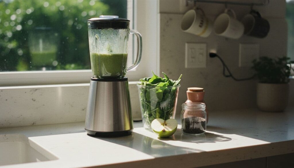 Blender with green smoothie and healthy ingredients on kitchen counter.