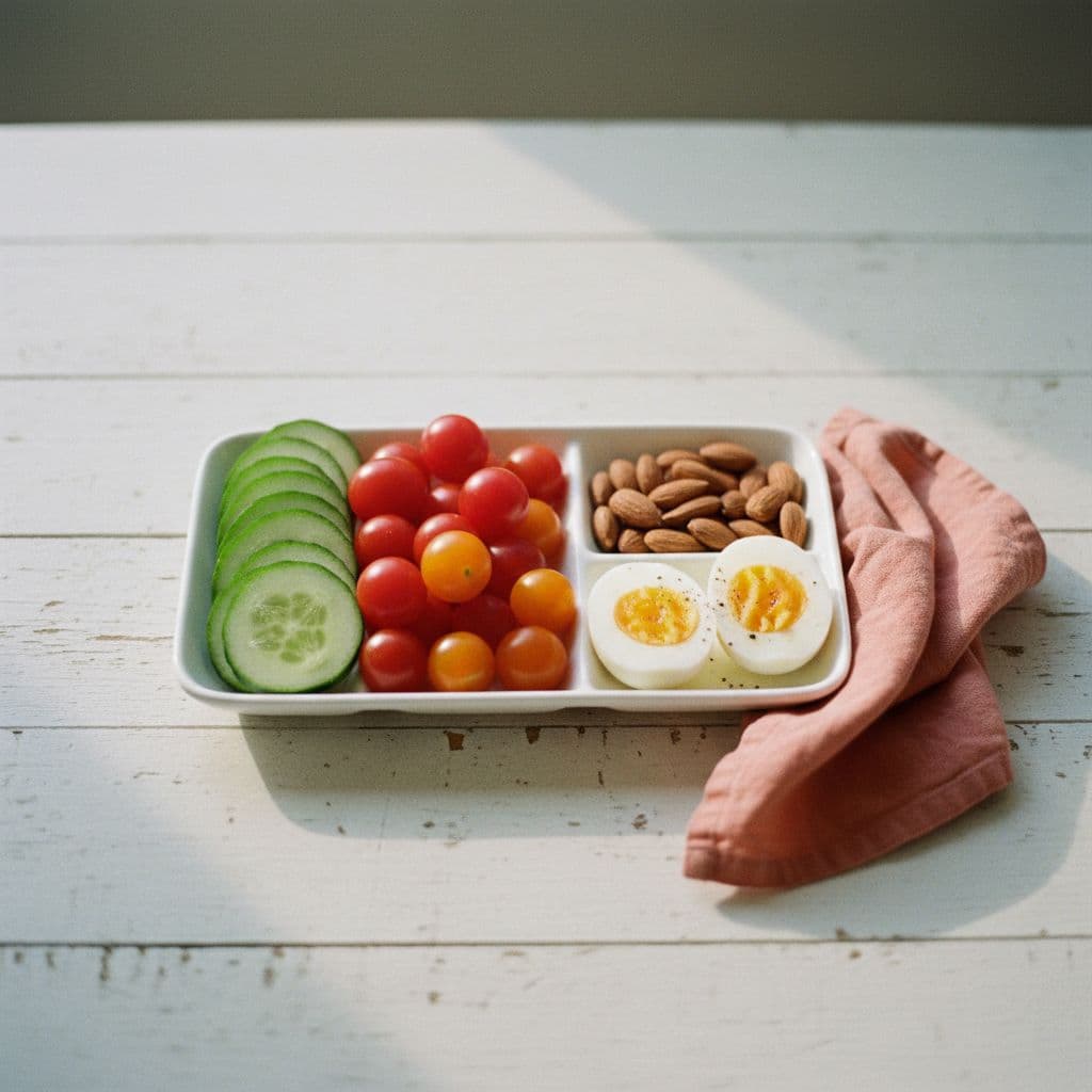 Healthy snack bento box with cucumber, tomatoes, egg, and almonds.