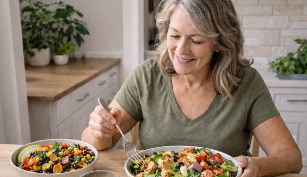 Woman over 50 eating healthy grain bowl and protein-packed salad at home