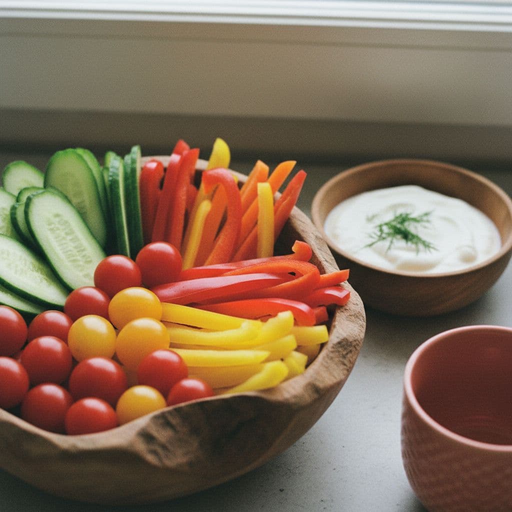 Fresh sliced vegetables with cherry tomatoes and creamy dip.