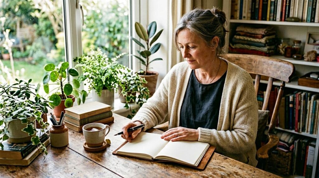 A middle-aged woman sits at a cozy wooden desk for the word of the day for me