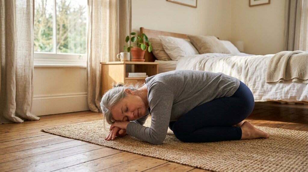 woman in child's pose for self care over fifty