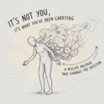 Illustration of a person carrying a swirling cloud of emotional burdens with the text “It’s Not You, It’s What You’ve Been Carrying,” representing a midlife reflection on letting go of hidden weight.