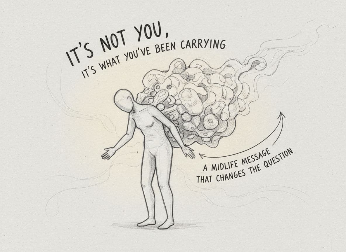 Illustration of a person carrying a swirling cloud of emotional burdens with the text “It’s Not You, It’s What You’ve Been Carrying,” representing a midlife reflection on letting go of hidden weight.