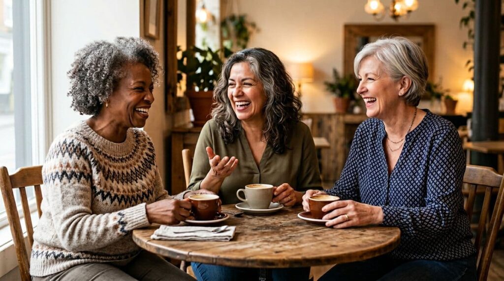women drinking coffee for self care over fifty