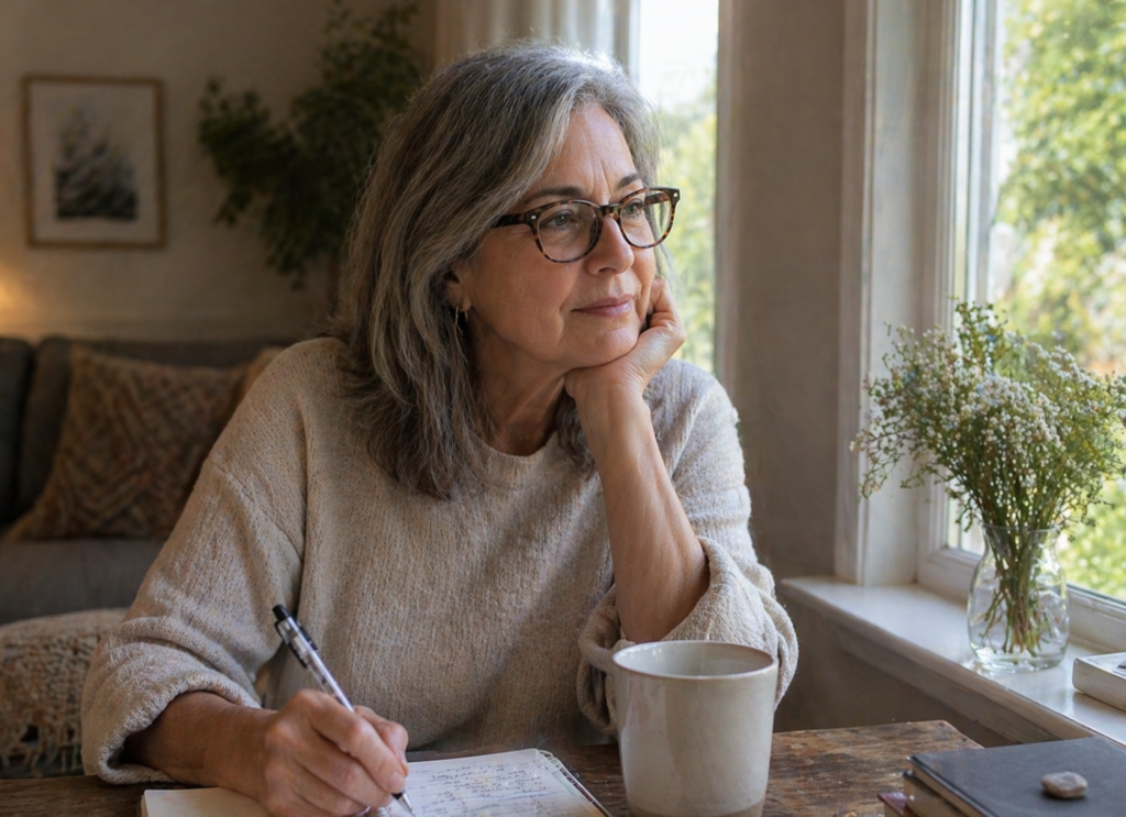A gray-haired woman with glasses journaling at a wooden table by a window.