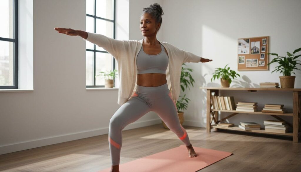 A Black American woman over fifty practices yoga on a mat inside her home.