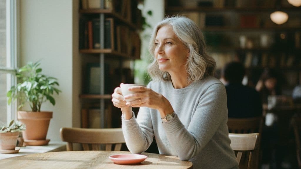 Confident woman over 50 gazing out a café window while holding a warm cup of coffee.