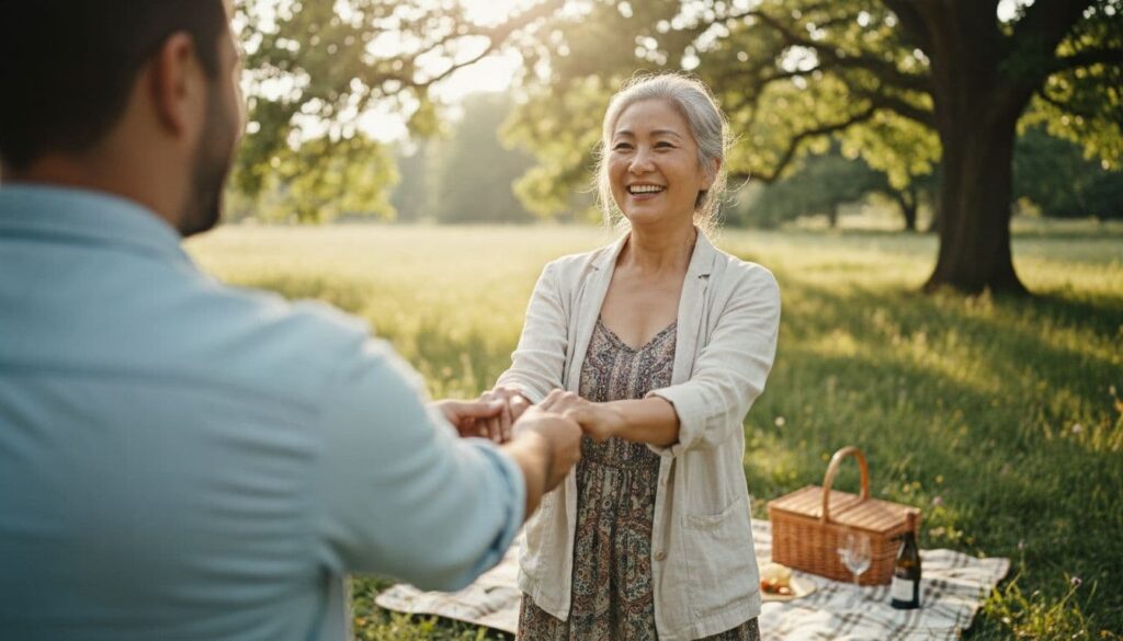 Mature woman smiling and holding hands with a man during a romantic outdoor picnic.