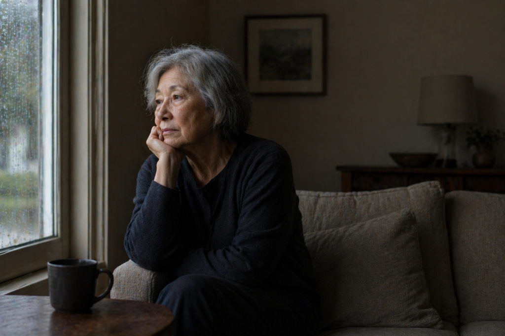 A woman over 60 sitting alone on a couch staring out the window with a somber expression and a coffee mug on the table beside her.