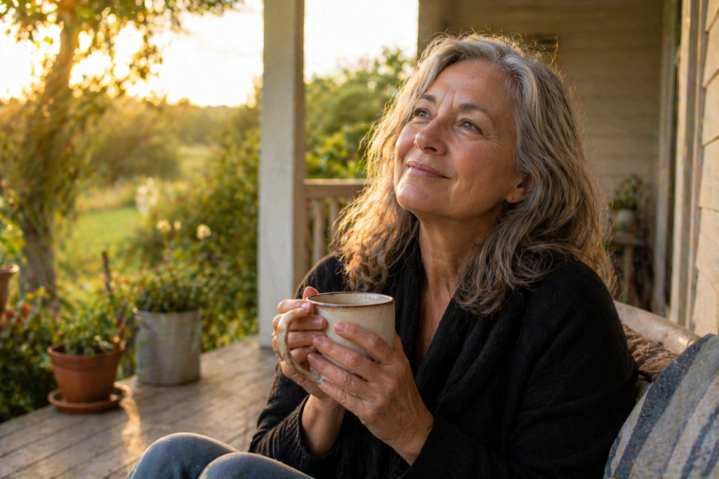 A woman over 50 sitting on a porch holding a coffee mug and smiling peacefully while looking up at the golden sunset surrounded by greenery.