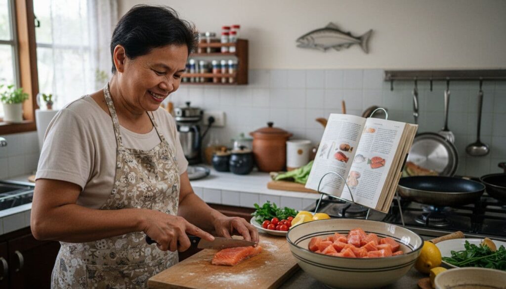 Southeast Asian woman over fifty cooks in kitchen using open cookbook.