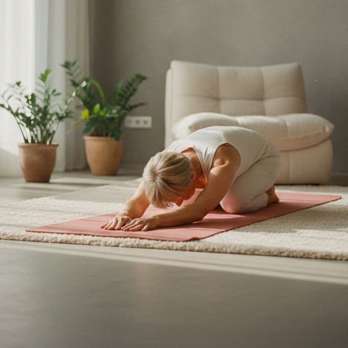 Older woman practicing child's pose yoga stretch on a pink mat in a bright minimalist living room.