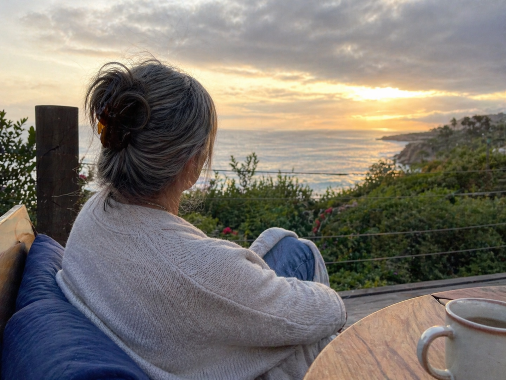 Woman over 50 looking at the sunset.