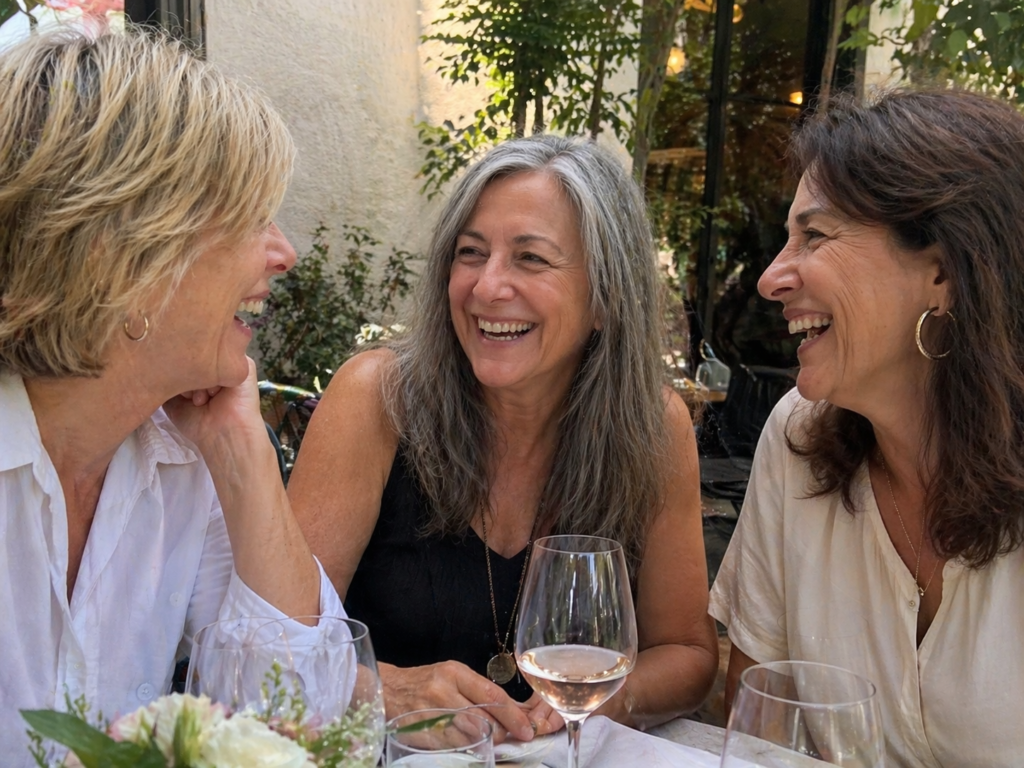 Three women over fifty laughing together over wine at an outdoor restaurant table.