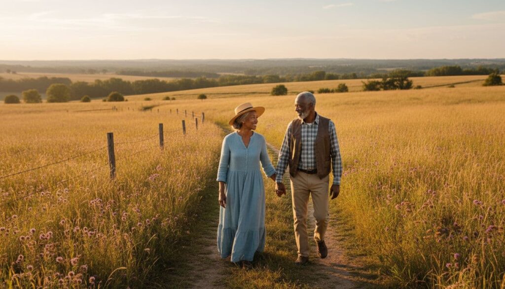 Elderly Black couple holding hands while walking through a golden meadow at sunset.