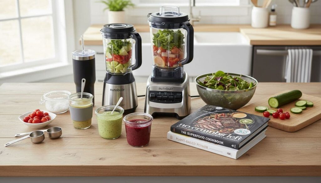 
Nutribullet, Vitamix blender, cookbooks, water bottle, and salad dressing arranged on a table.