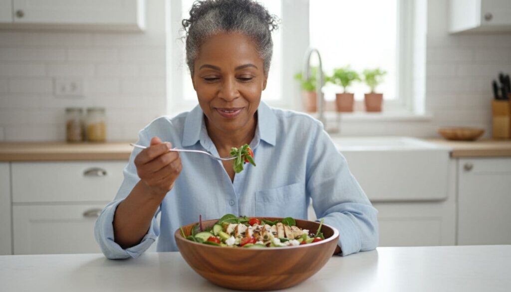Middle-aged Black woman eats a fresh healthy salad.