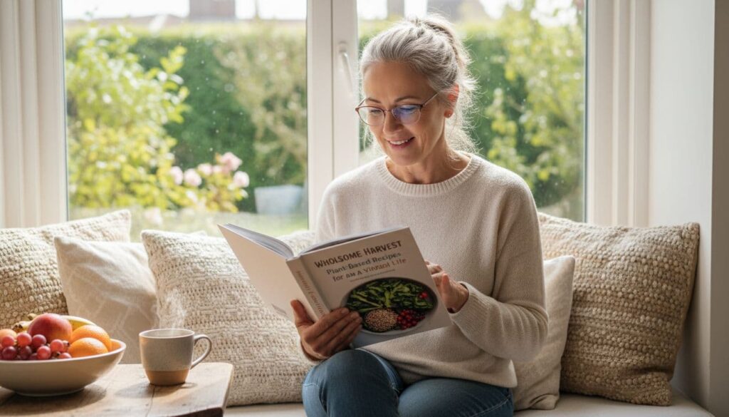 Smiling woman over 50 reads healthy cookbook comfortably.
