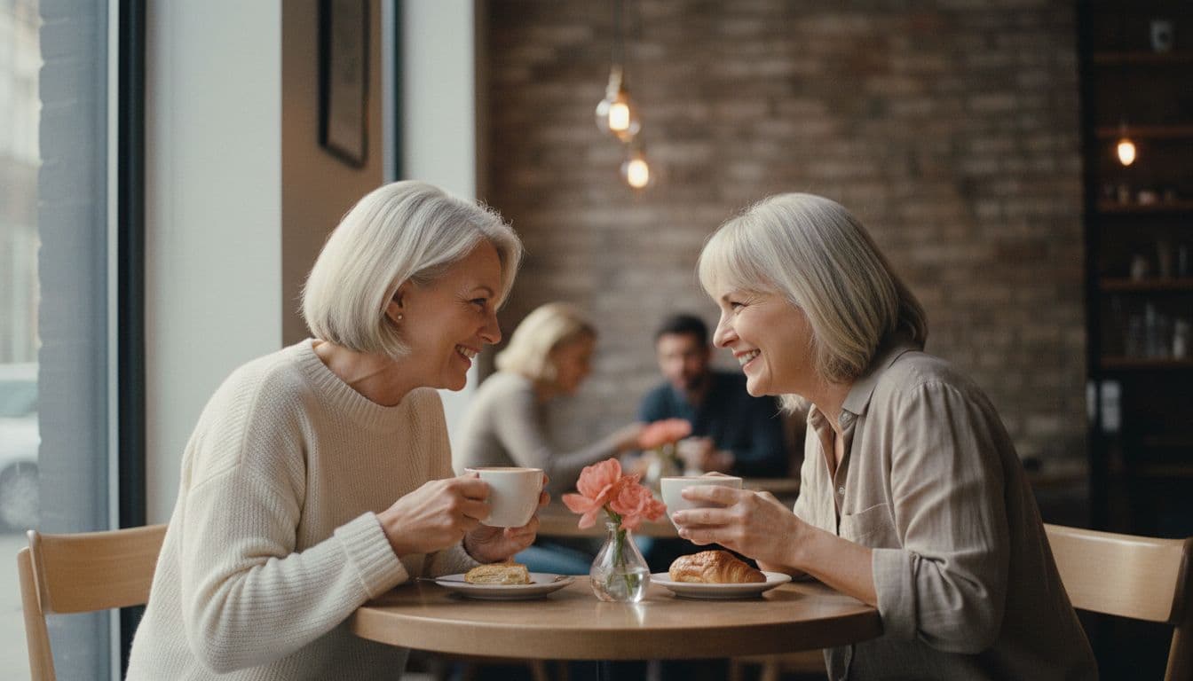 Two women over 50 laughing over coffee at a cozy cafe, showing what making friends after 50 can look like