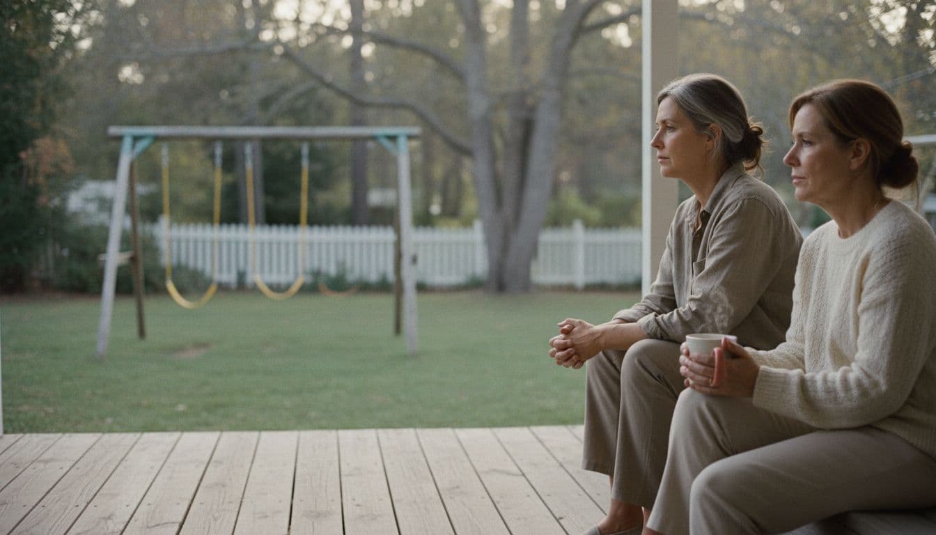 Two midlife women sitting quietly on a porch overlooking an empty backyard swing set, reflecting on loneliness after empty nesting and the need to make new friends after 50