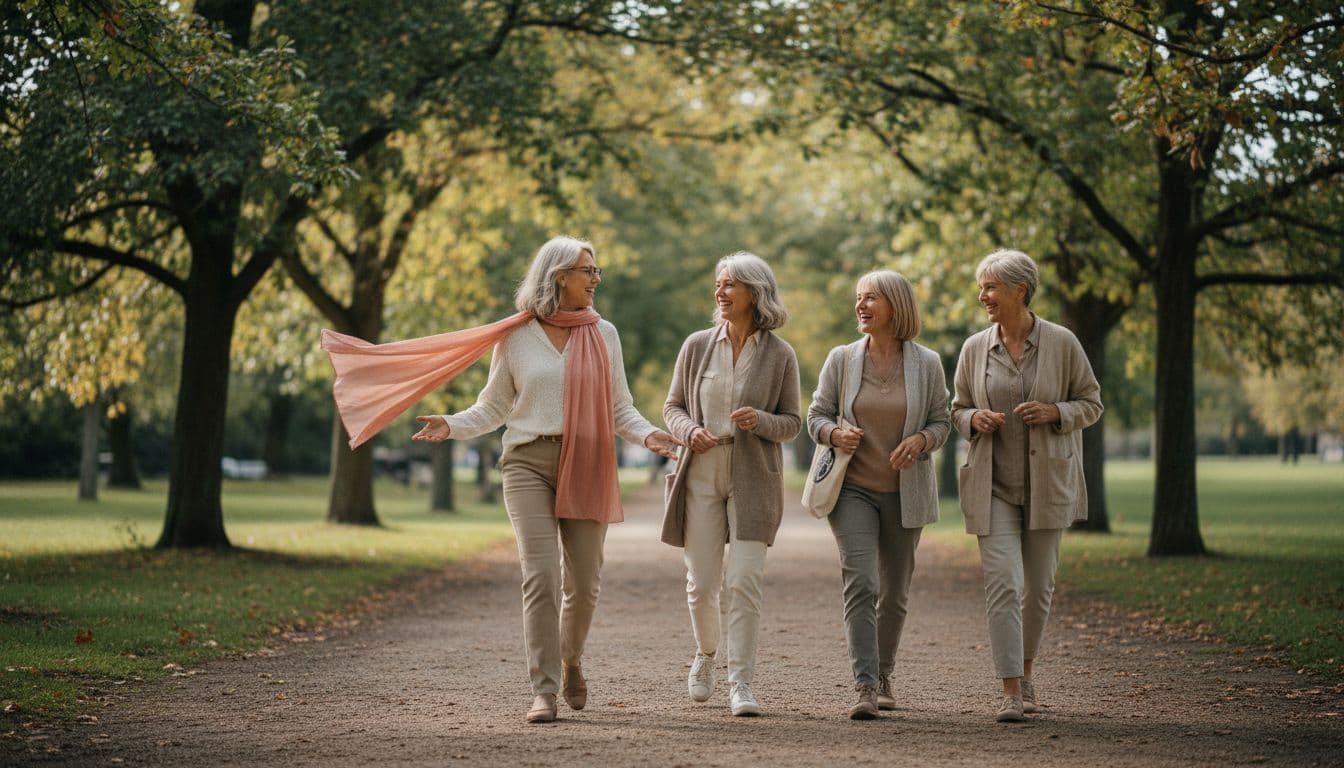Group of four women over 50 walking together in a park, an example of building friendships in midlife through shared activities