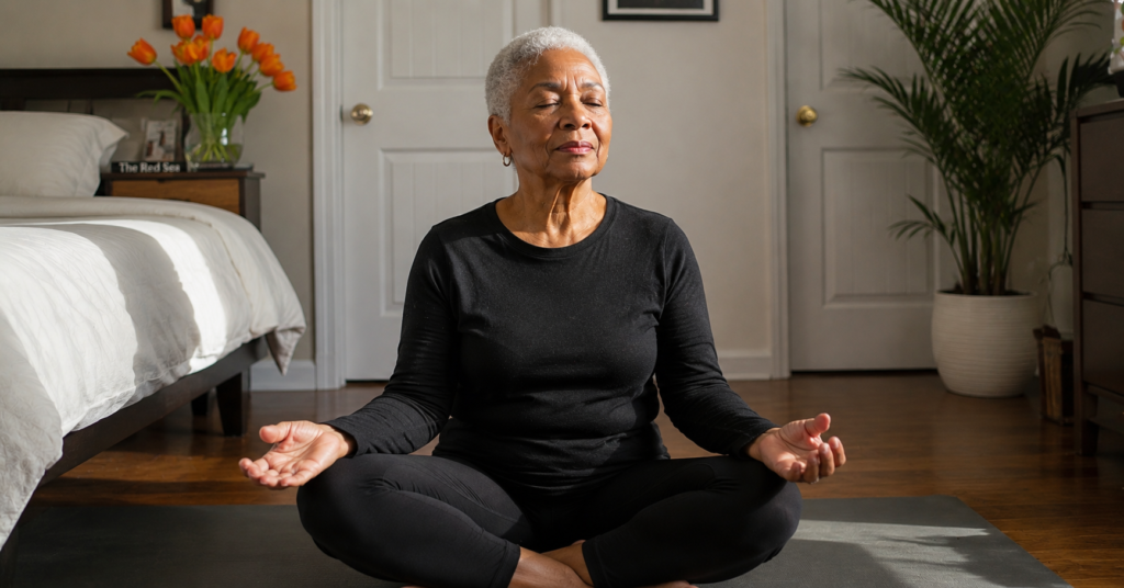 Older Black woman meditating calmly on a mat in a sunlit room.