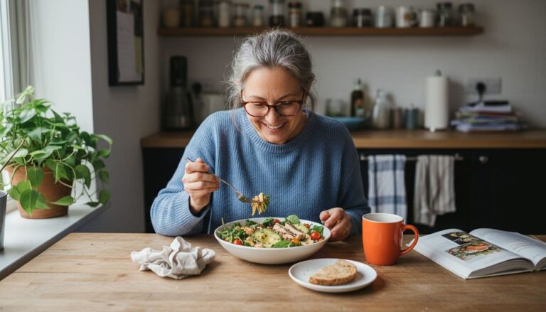 What is self care example with woman over 50 eating a healthy meal at home.
