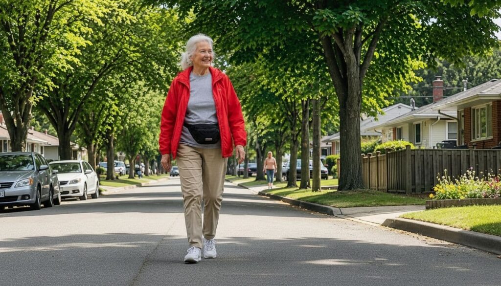 Older woman walking in a park for daily self care routine.