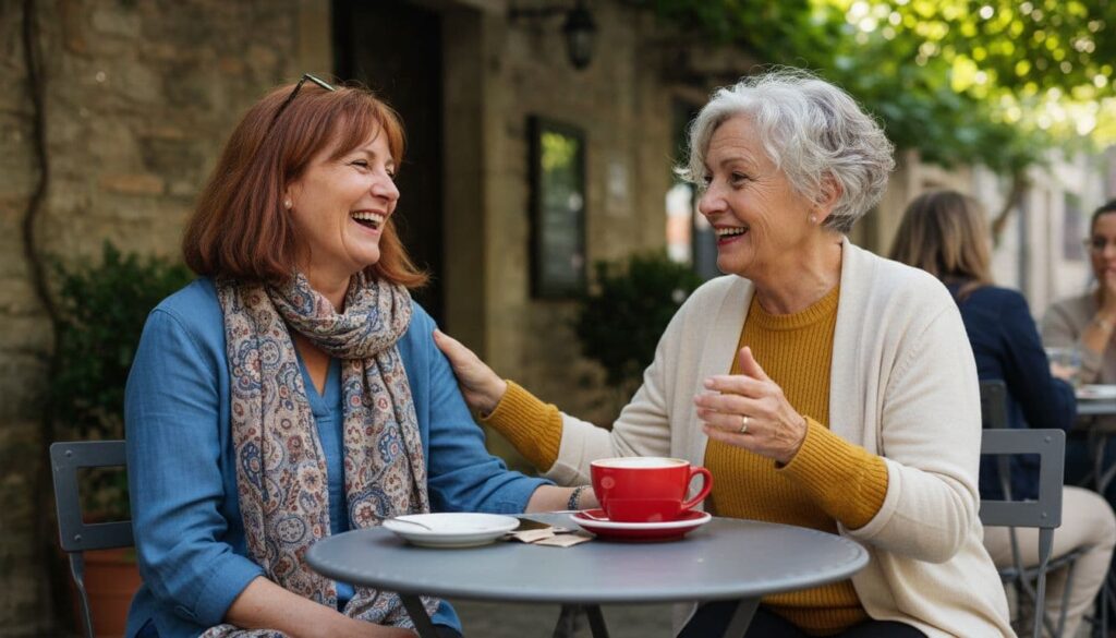 Two women over 50 laughing and talking at outdoor café