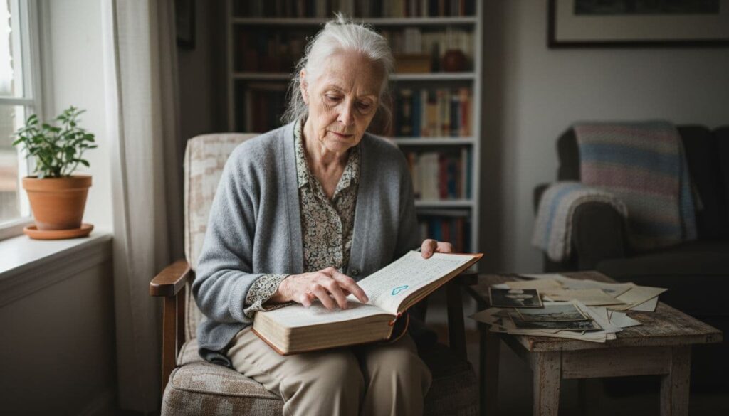 Elderly woman that's reading her book.