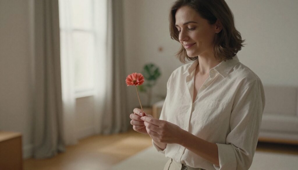 An elegant woman in her fifties smiles softly while standing by a bright window, holding a single dusty-rose coral wildflower. She wears neutral clothing against a backdrop of soft taupe walls.