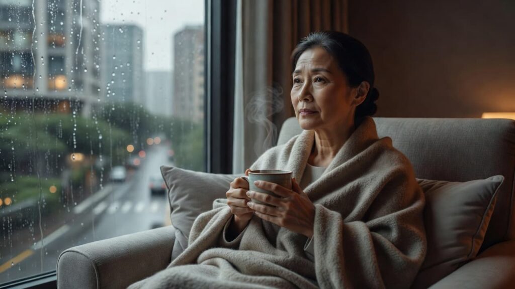 Woman wrapped in a blanket holding a warm drink while looking out a rainy window.