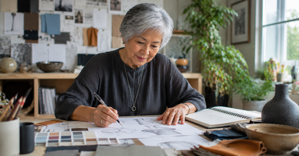 Older woman sketching ideas at her desk during a creative practice.