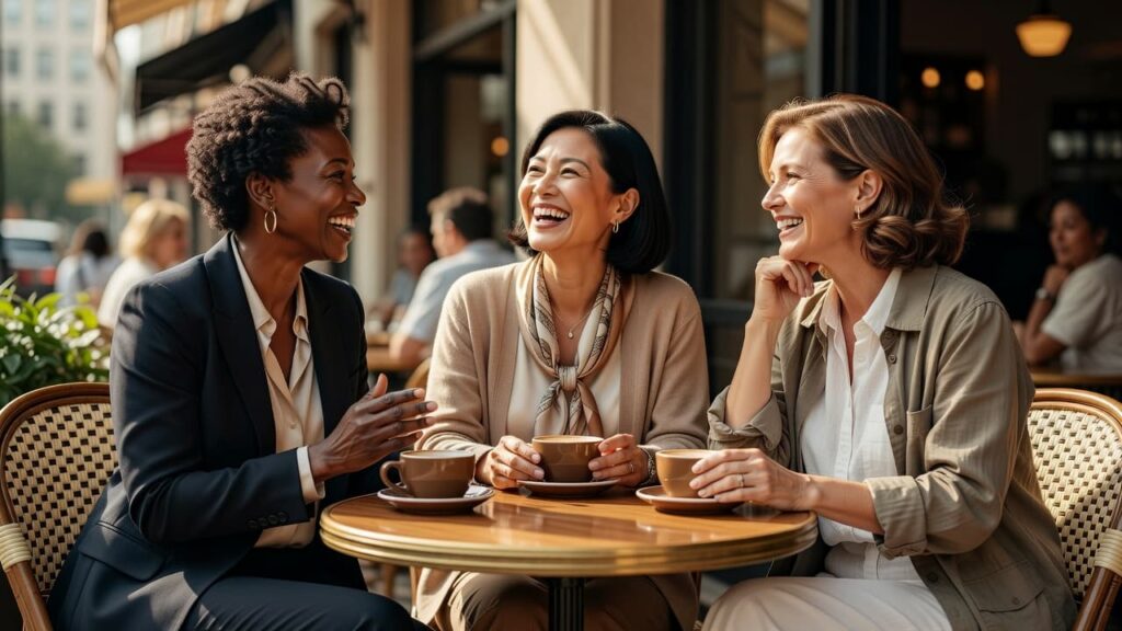 Three women sharing coffee and conversation at an outdoor café.