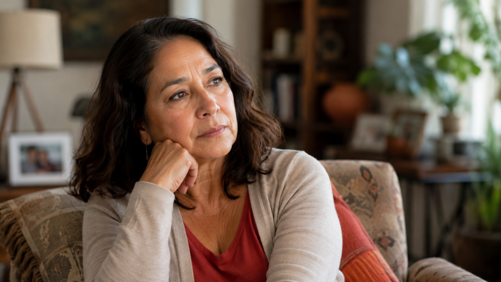 Woman over 50 sitting quietly and reflecting at home.